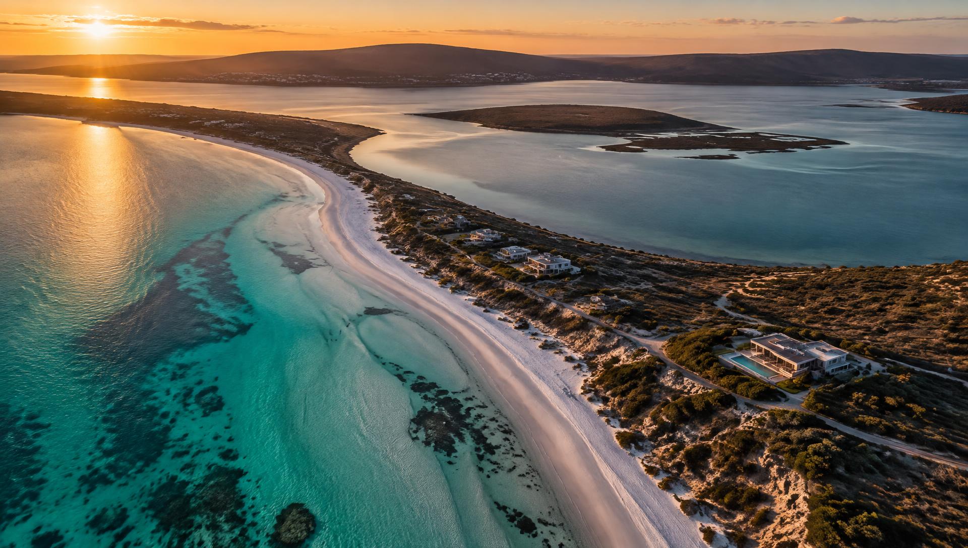 Aerial view of the Langebaan coastline at golden hour